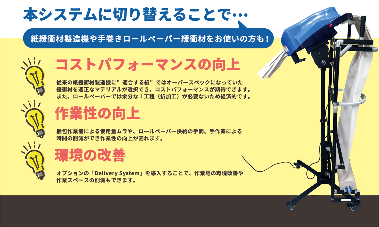 紙緩衝材製造機や手巻きロールペーパー緩衝材をお使いの方も！